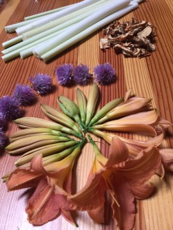 2. cattails, daylily, chive flowers, lobster mushrooms