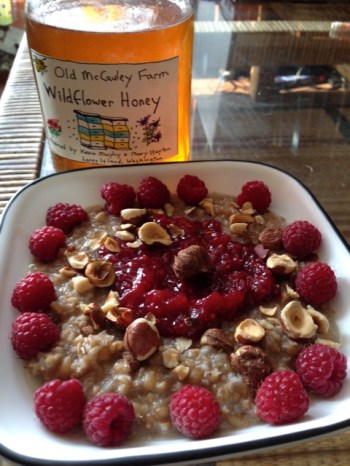 breakfast of sprouted fermented wheat plus hazelnuts berries and honey
